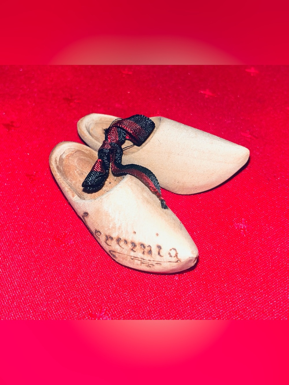 Vintage Handcrafted Miniature Wooden Clogs with Black and Red Ribbon